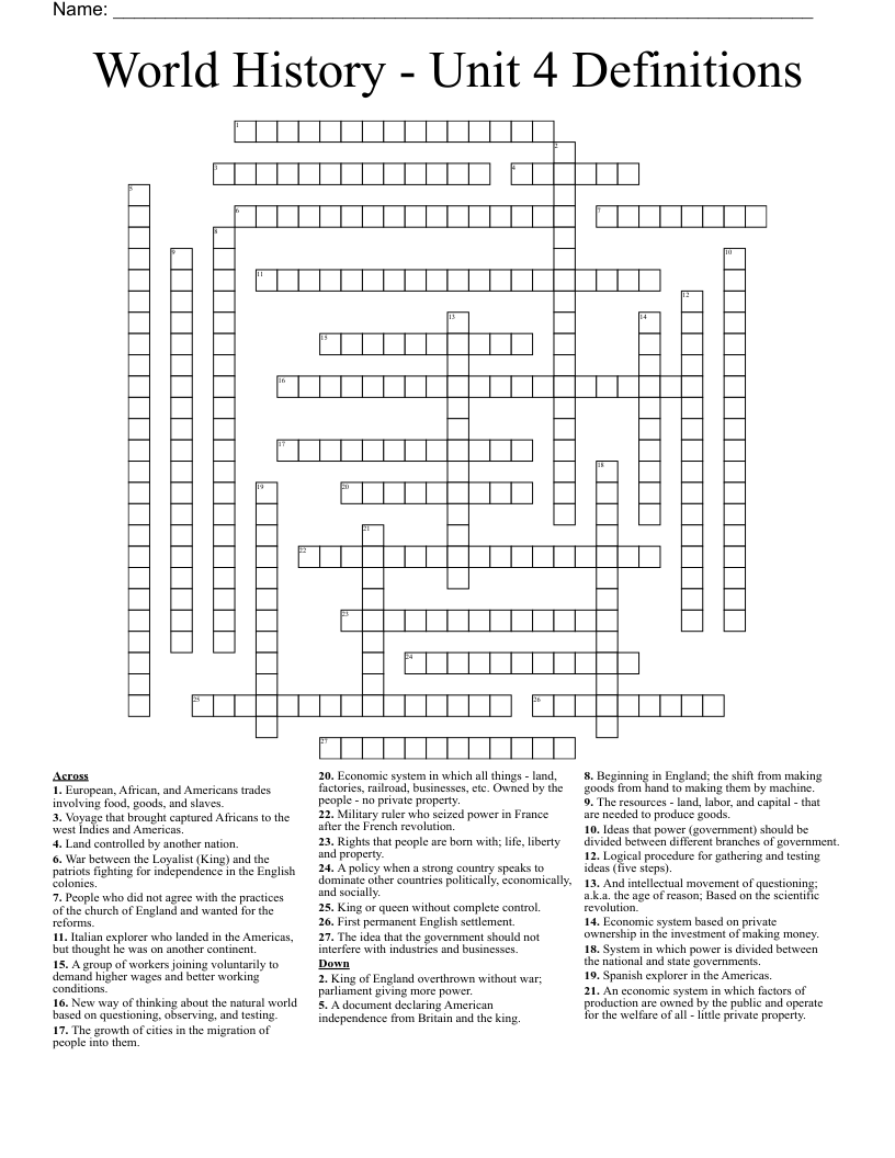 World History - Unit 4 Definitions Crossword