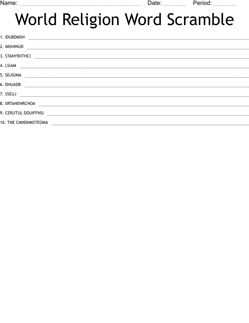 World Religion Word Scramble WordMint