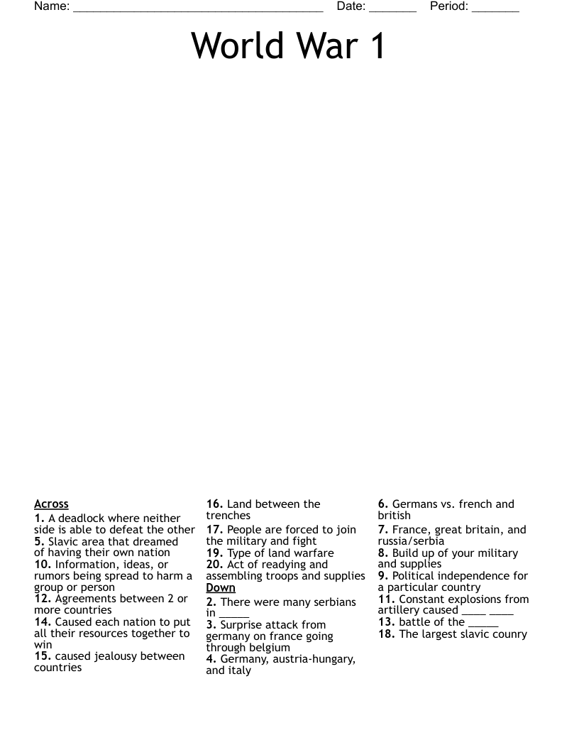 World War 1 Crossword