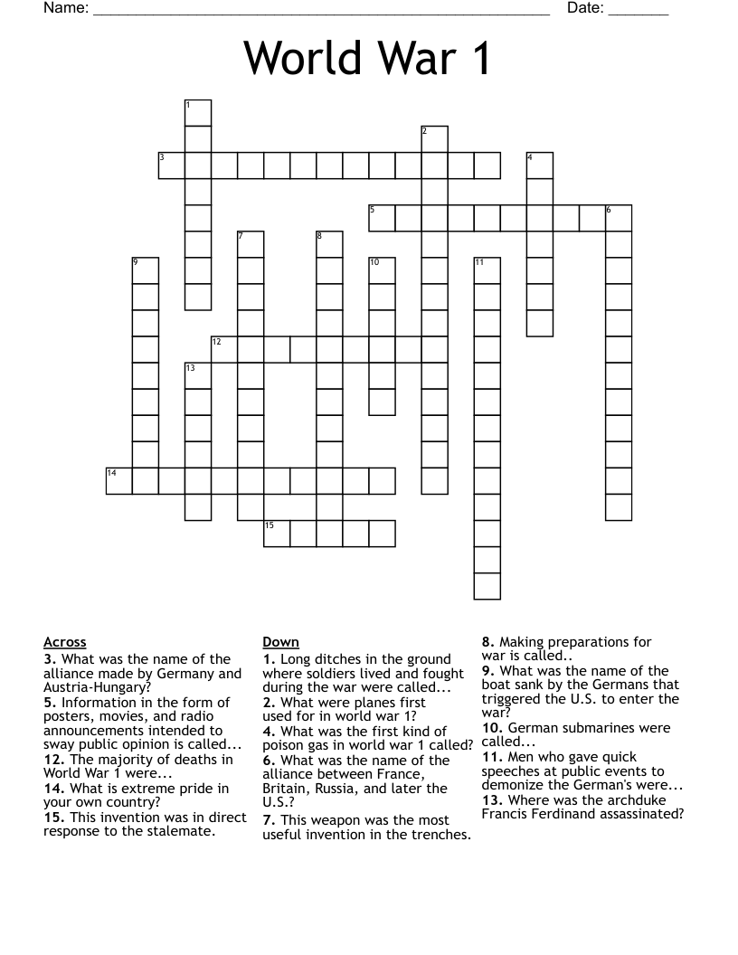 World War 1 Crossword