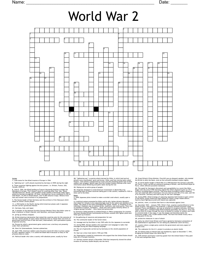 World War 2 Crossword Puzzle Answer Key Jaca Journal Gambaran