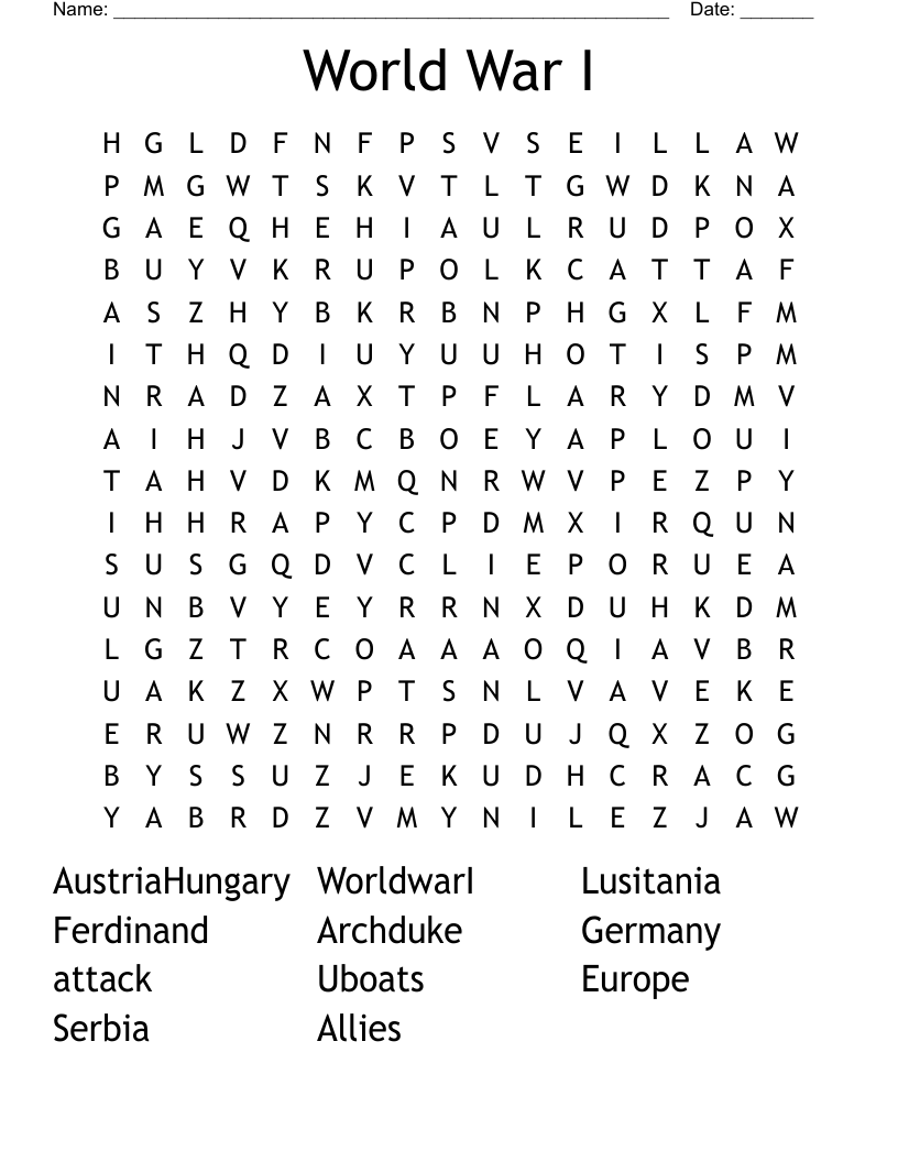 World War I Word Search