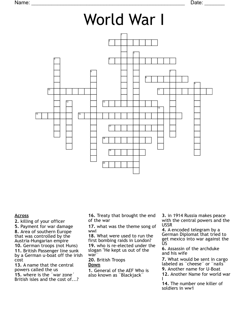 World War I Crossword - WordMint