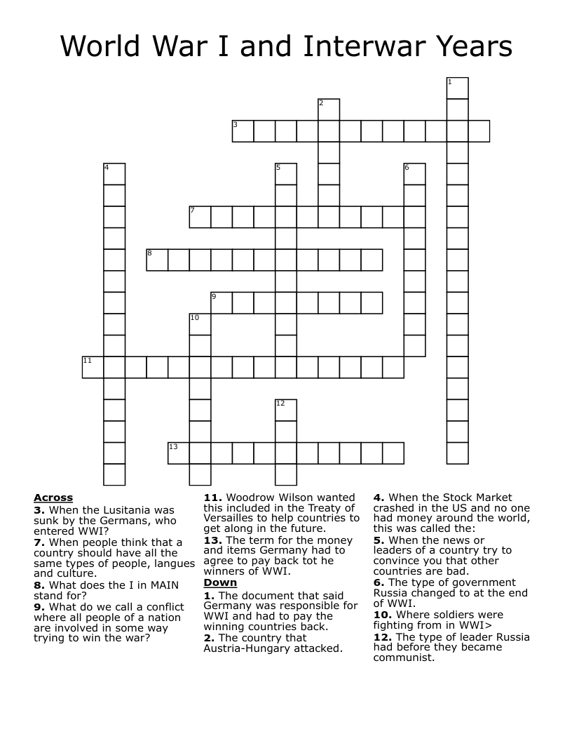 World War I and Interwar Years Crossword