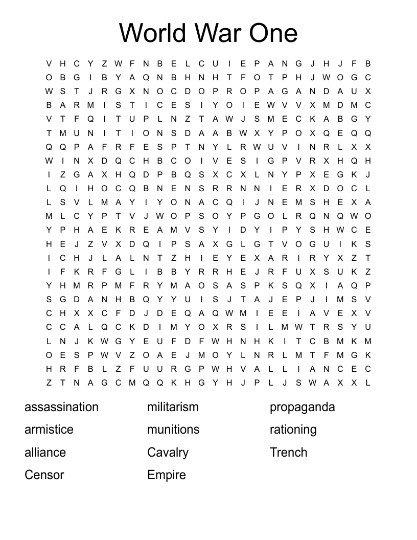 World War One Word Search