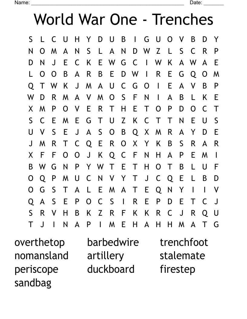 World War One Trenches Word Search WordMint