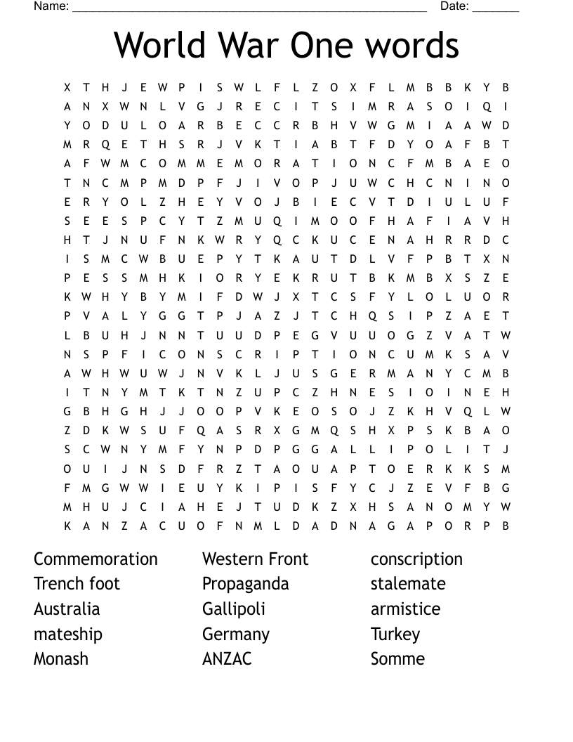 World War One Words Word Search WordMint