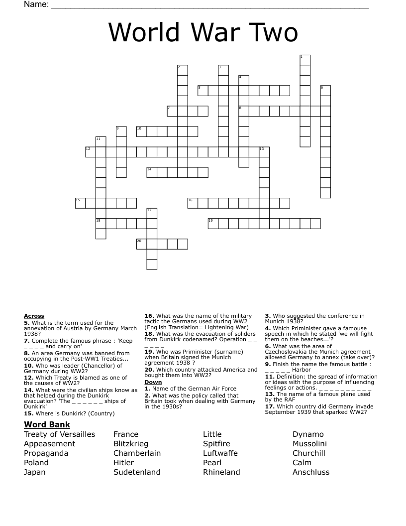 World War Two Crossword WordMint