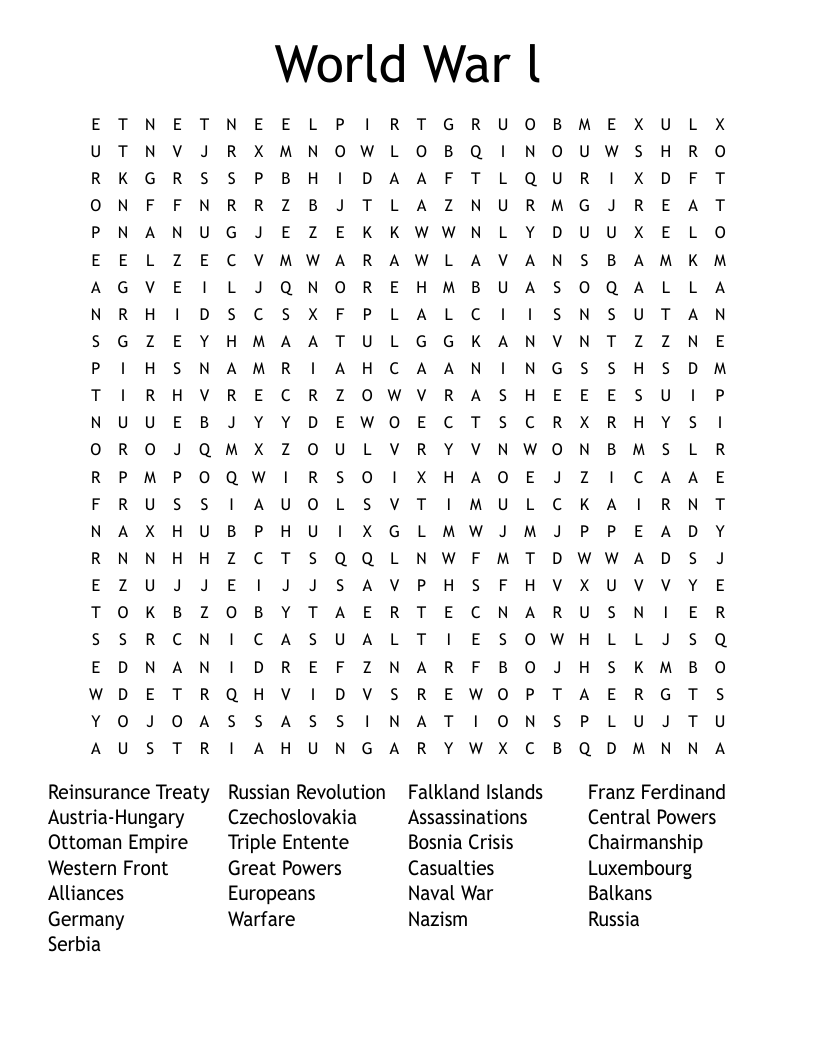 World War 1 Word Search WordMint