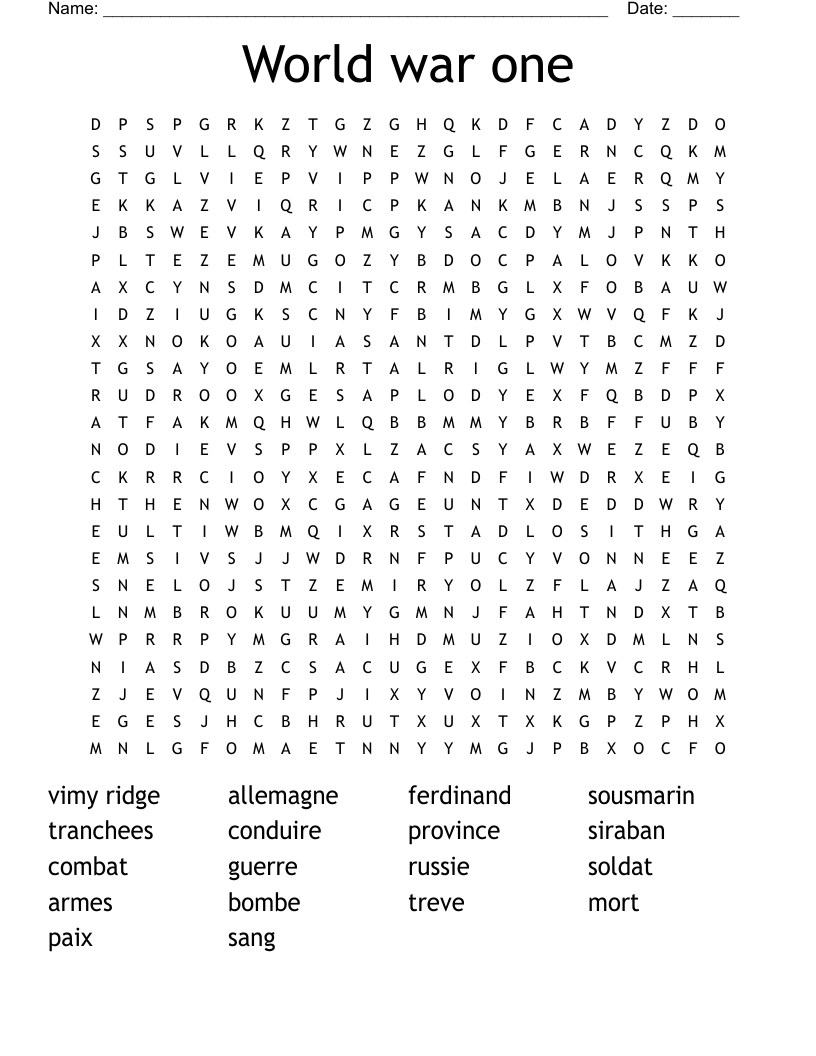World War One Word Search WordMint