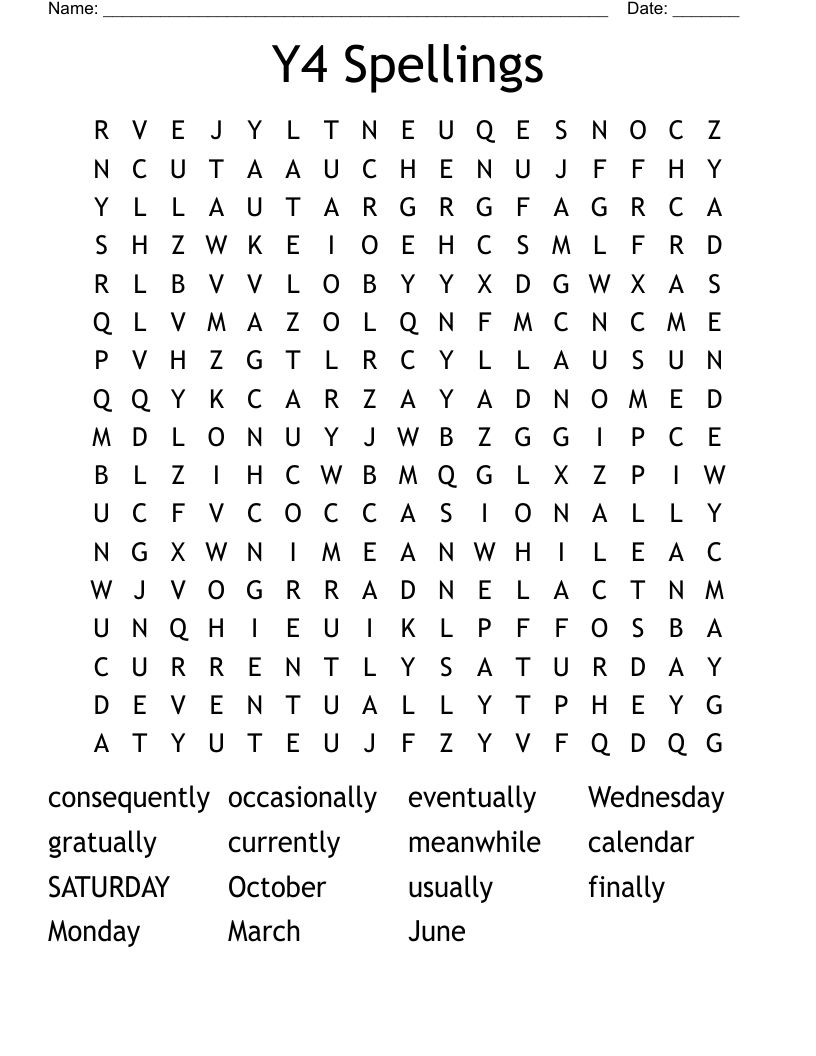 Y4 Spellings Word Search