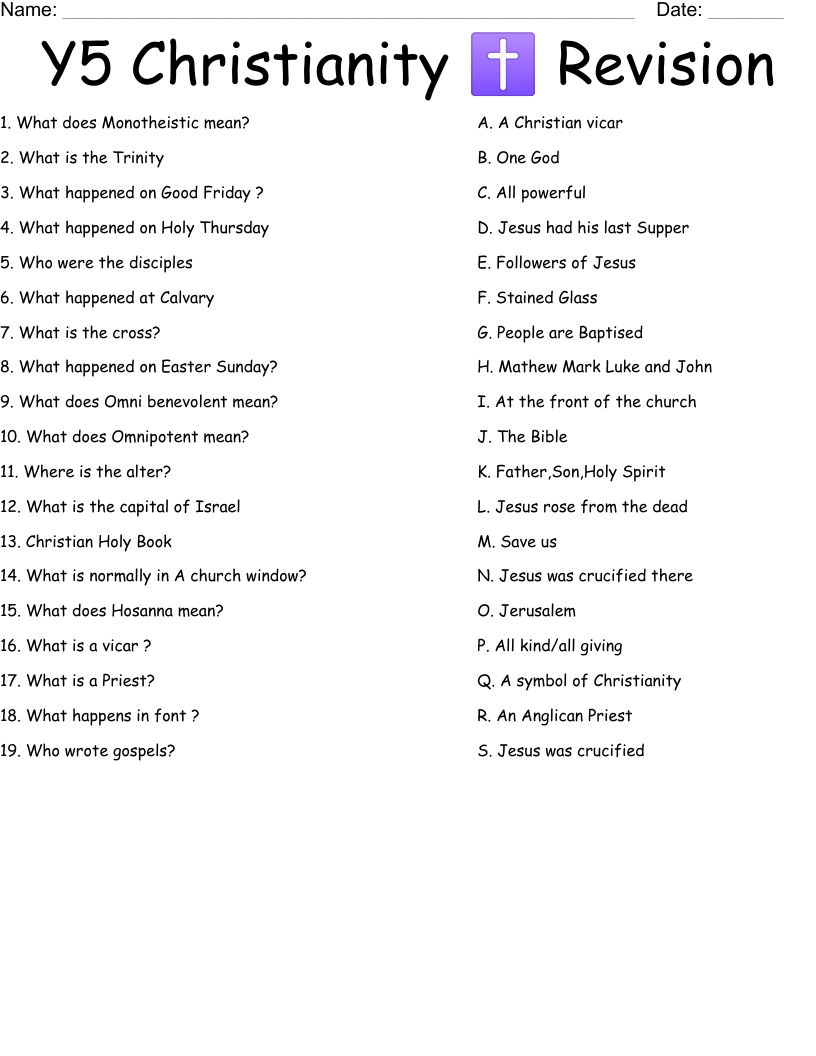 Y5 Christianity ✝️ Revision Worksheet