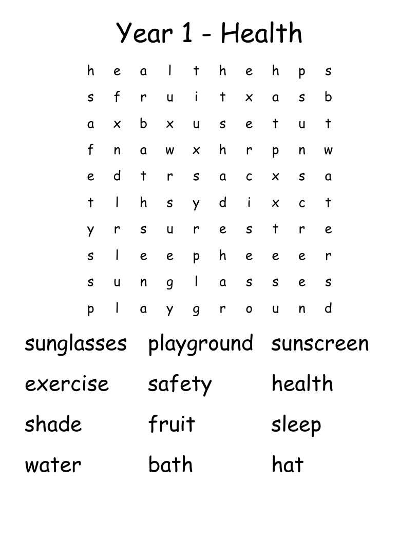 Year 1 Health Word Search WordMint