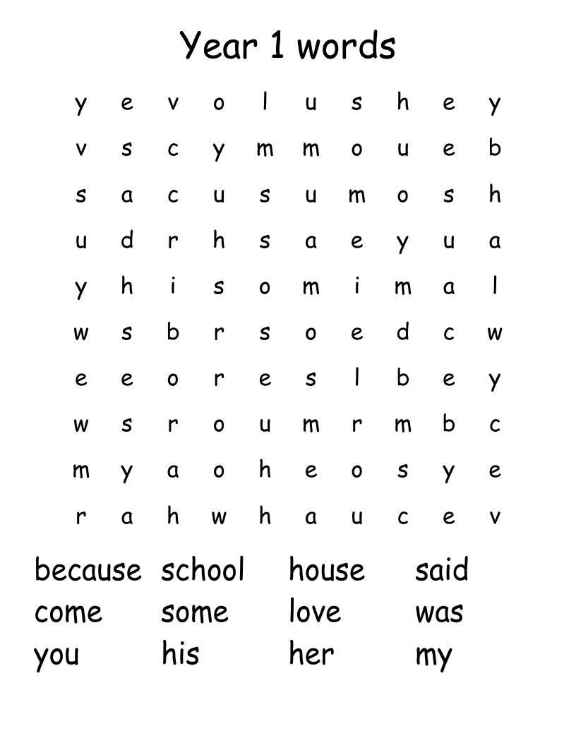 Year 1 words Word Search