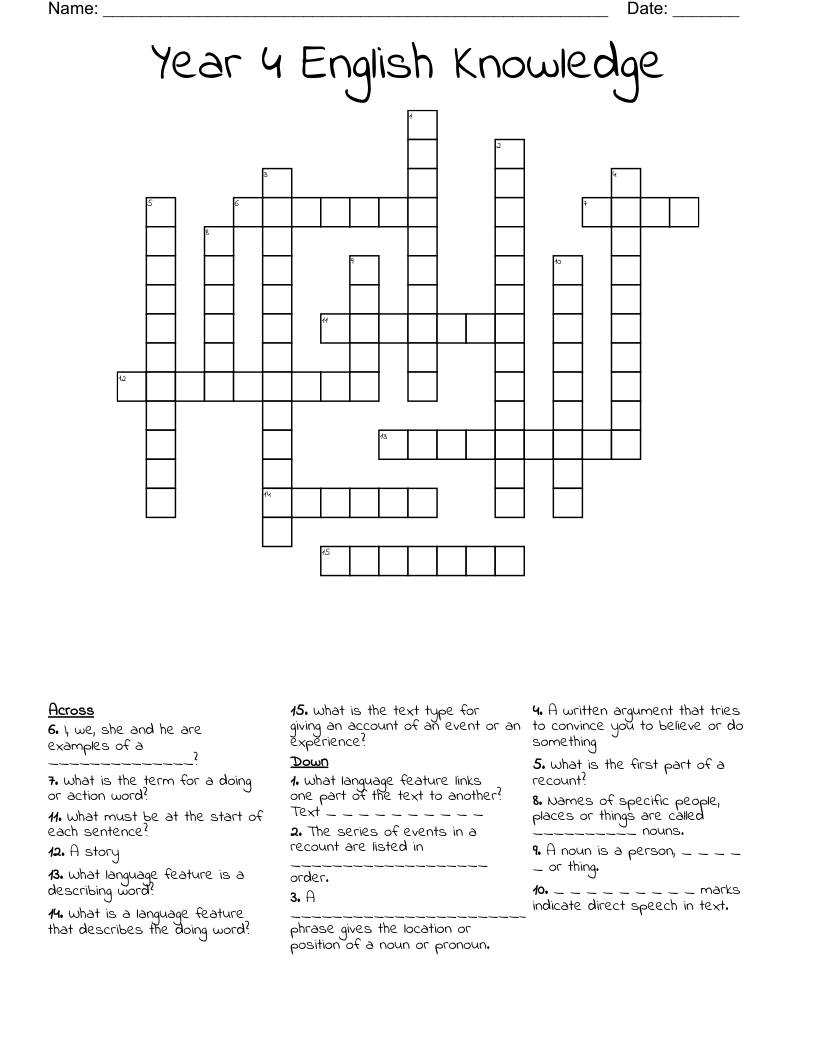 Year 4 English Knowledge Crossword
