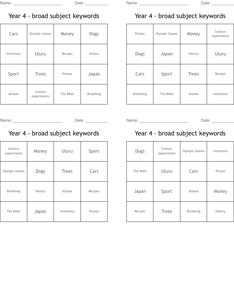 Year 4 - broad subject keywords Bingo Cards