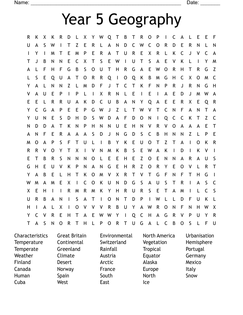 Year 5 Geography Word Search