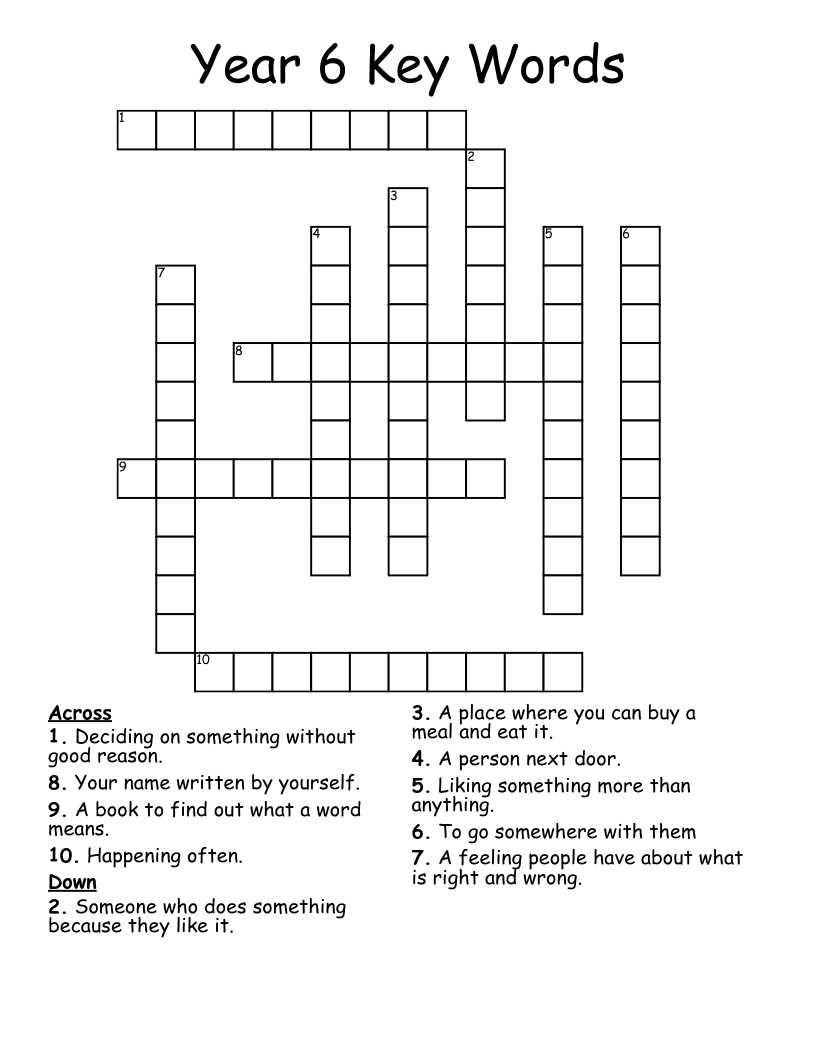 Year 6 Key Words Crossword