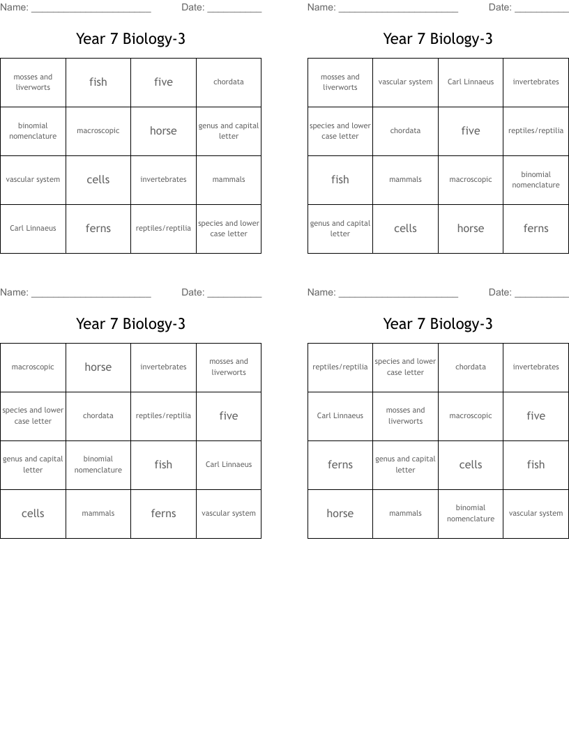 Year 7 Biology 3 Bingo Cards WordMint