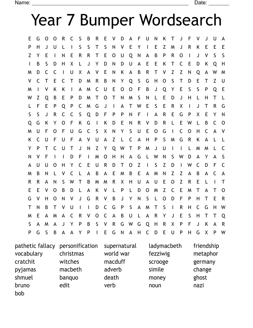 Year 7 Bumper Wordsearch WordMint