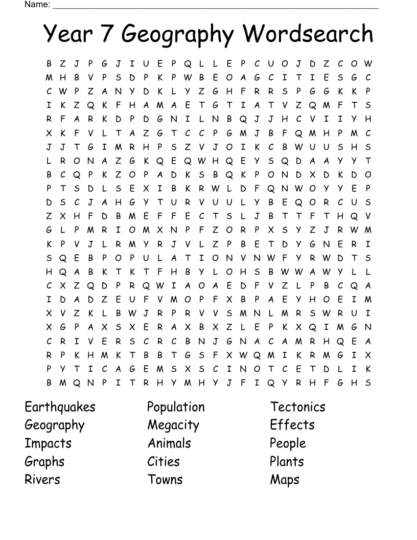 Year 7 Geography Wordsearch WordMint