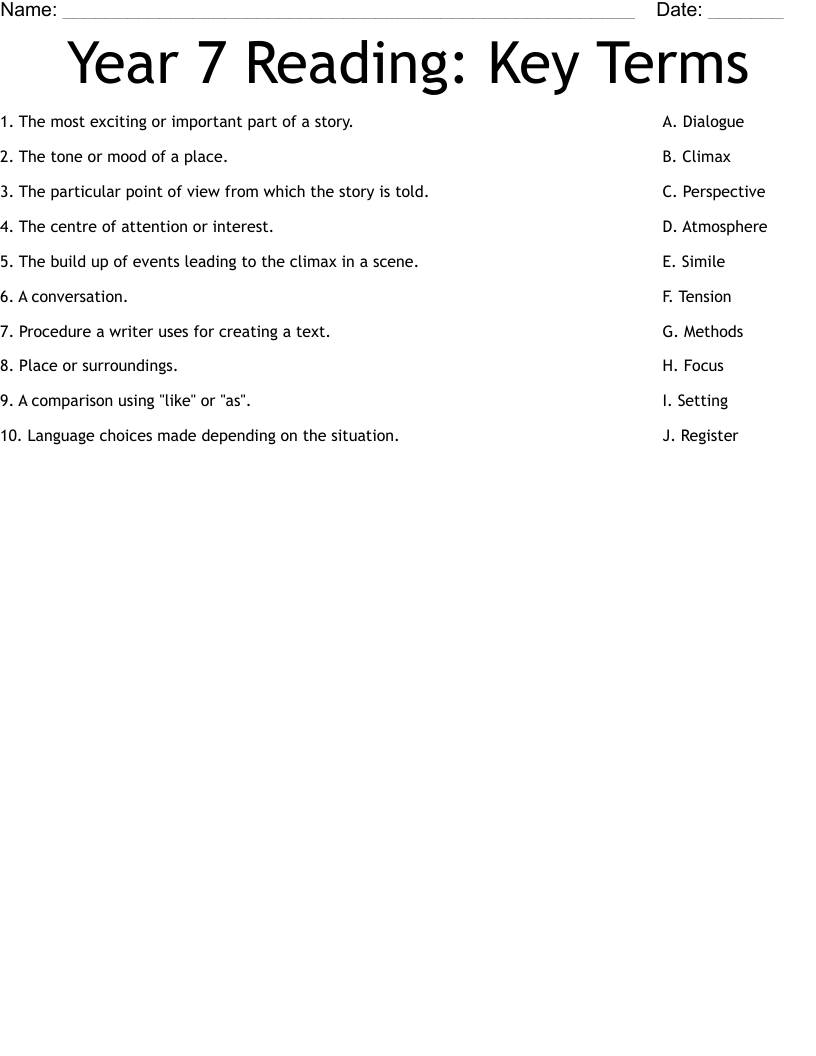 Year 7 Reading: Key Terms Worksheet - WordMint