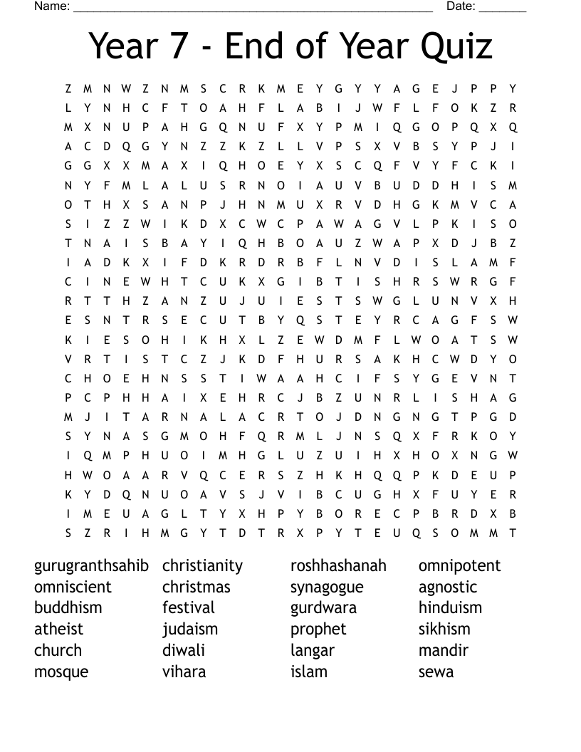 Year 7 End Of Year Quiz Word Search WordMint