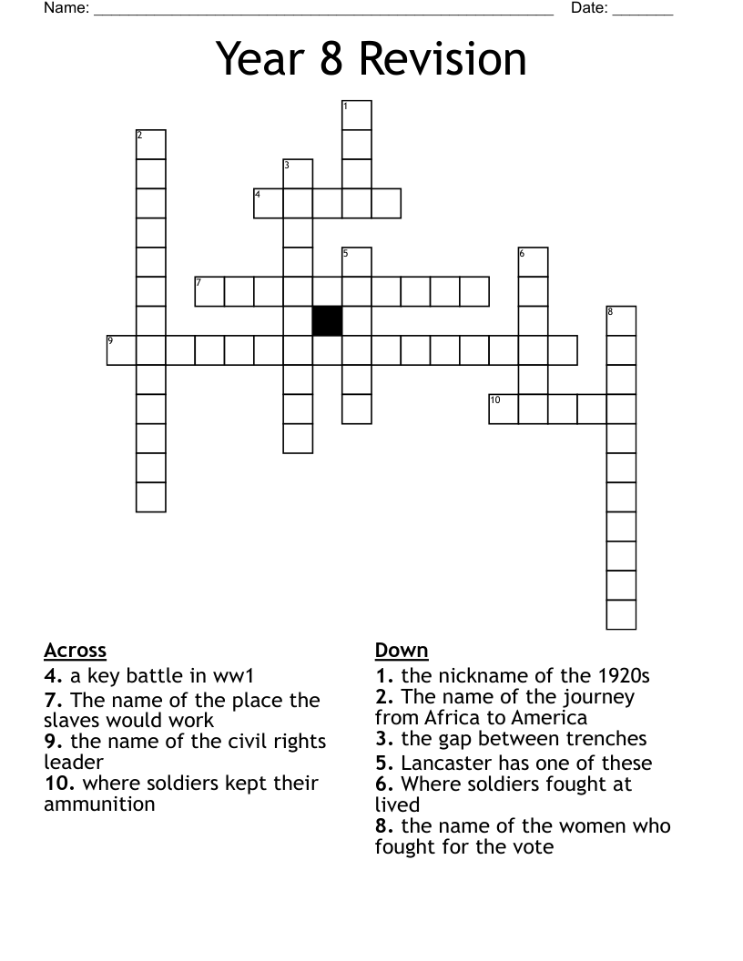 Year 8 Revision Crossword