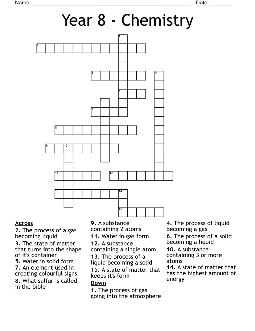 Year 8 - Chemistry  Crossword
