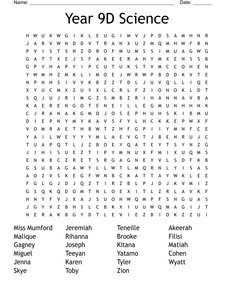 Year 9D Science Word Search