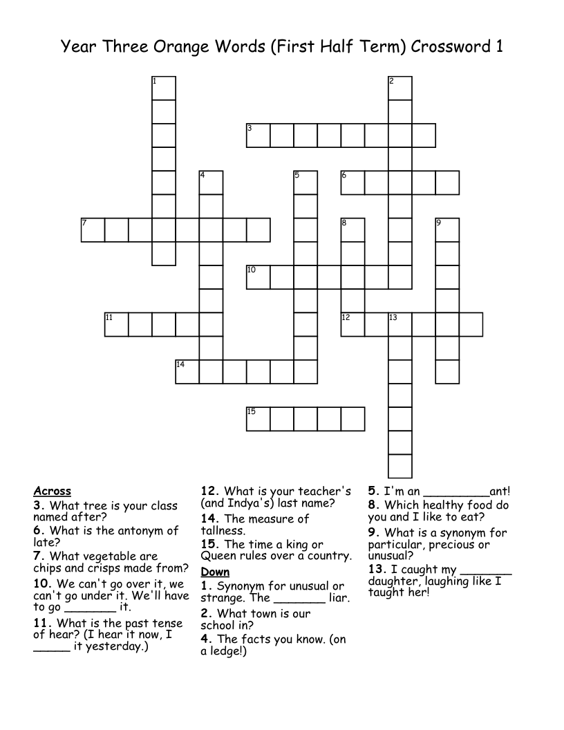Year Three Orange Words (First Half Term) Crossword 1 WordMint
