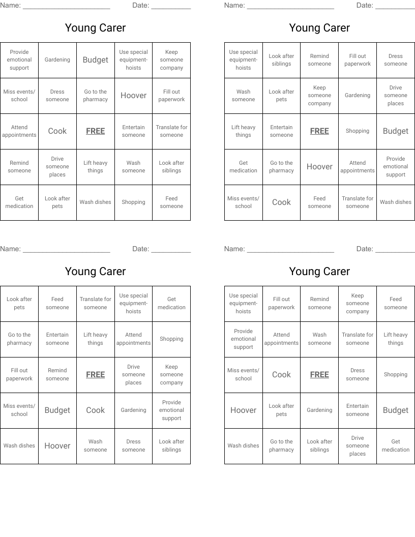 Young Carer Bingo Cards