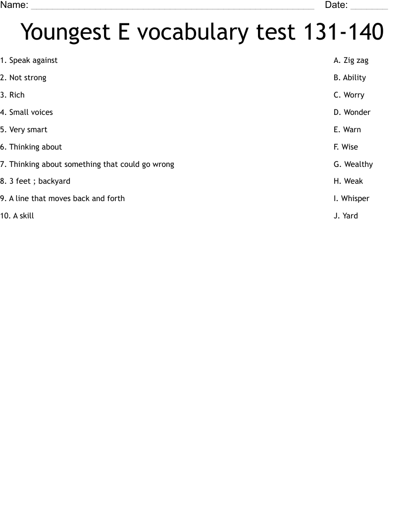 Youngest E vocabulary test 131-140 Worksheet