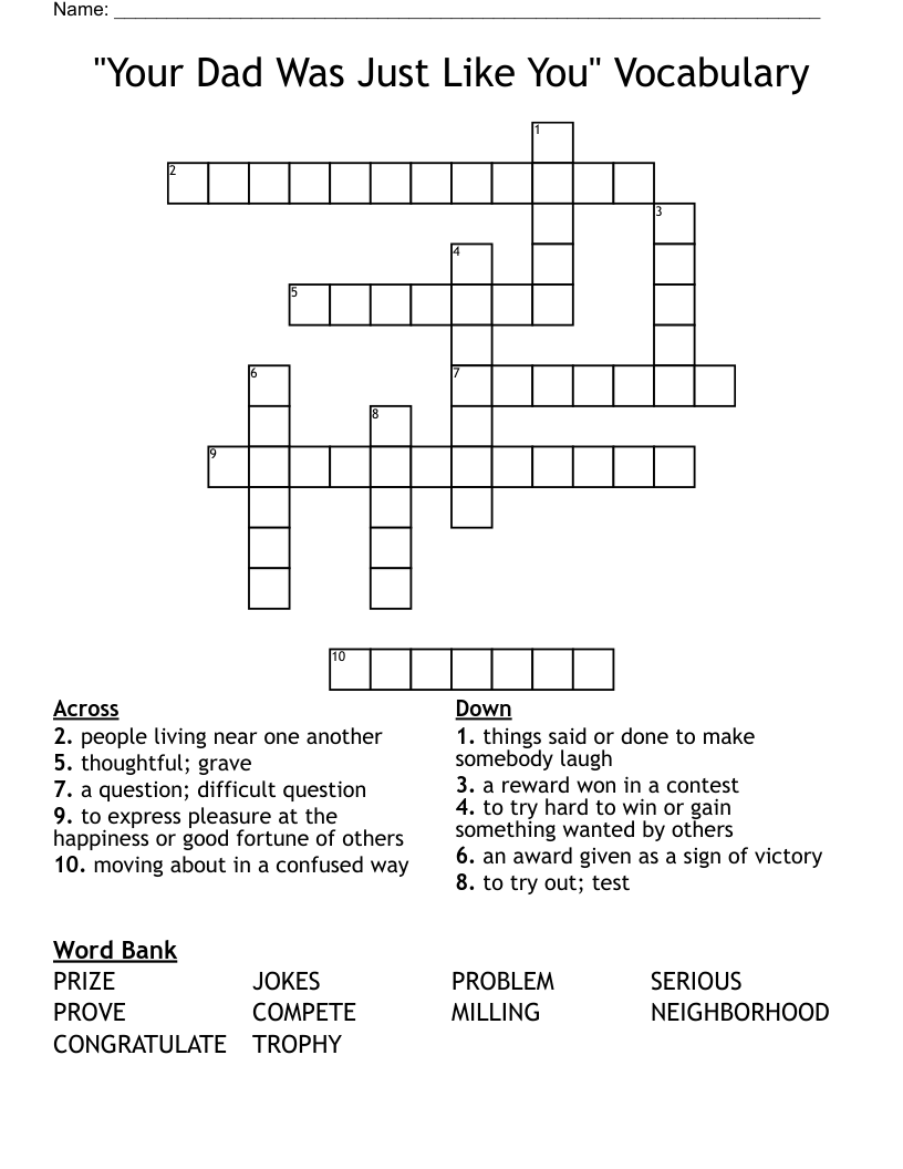 "Your Dad Was Just Like You" Vocabulary Crossword