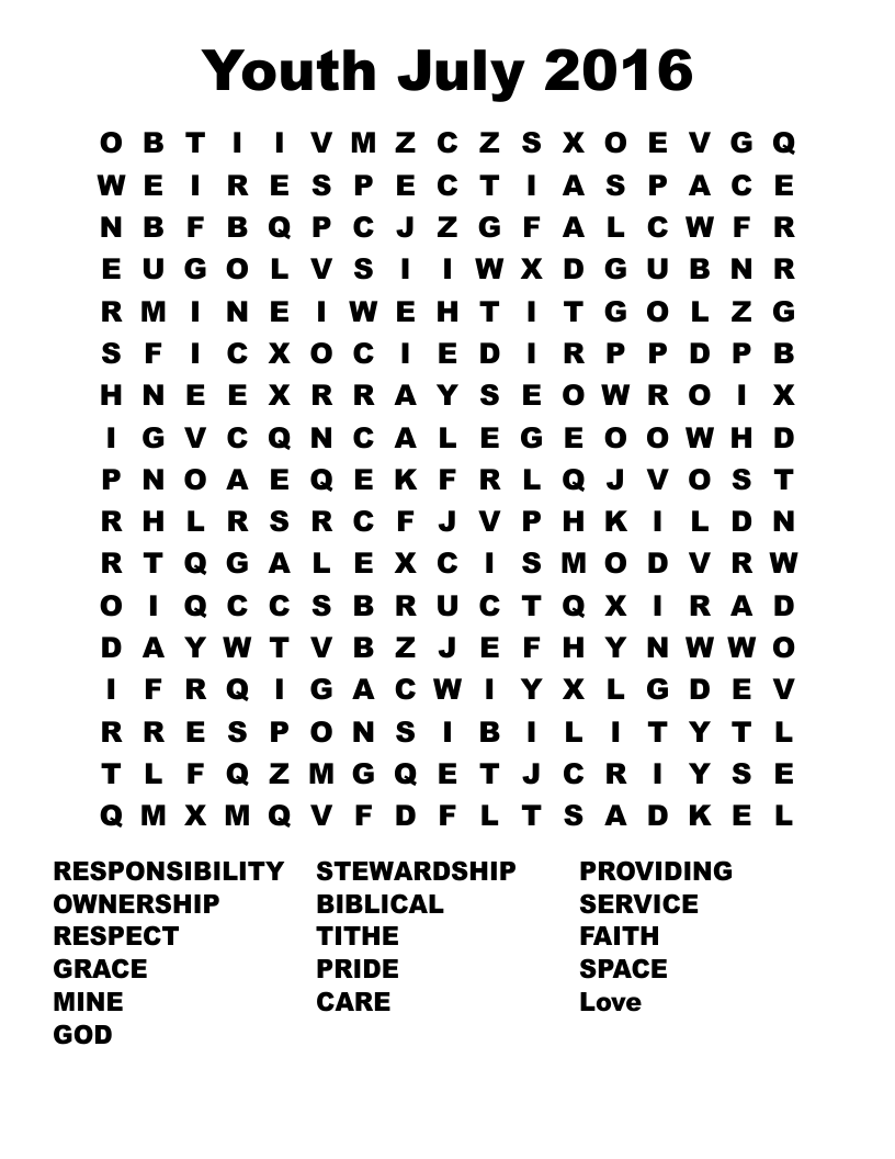 Youth July 2016 Word Search