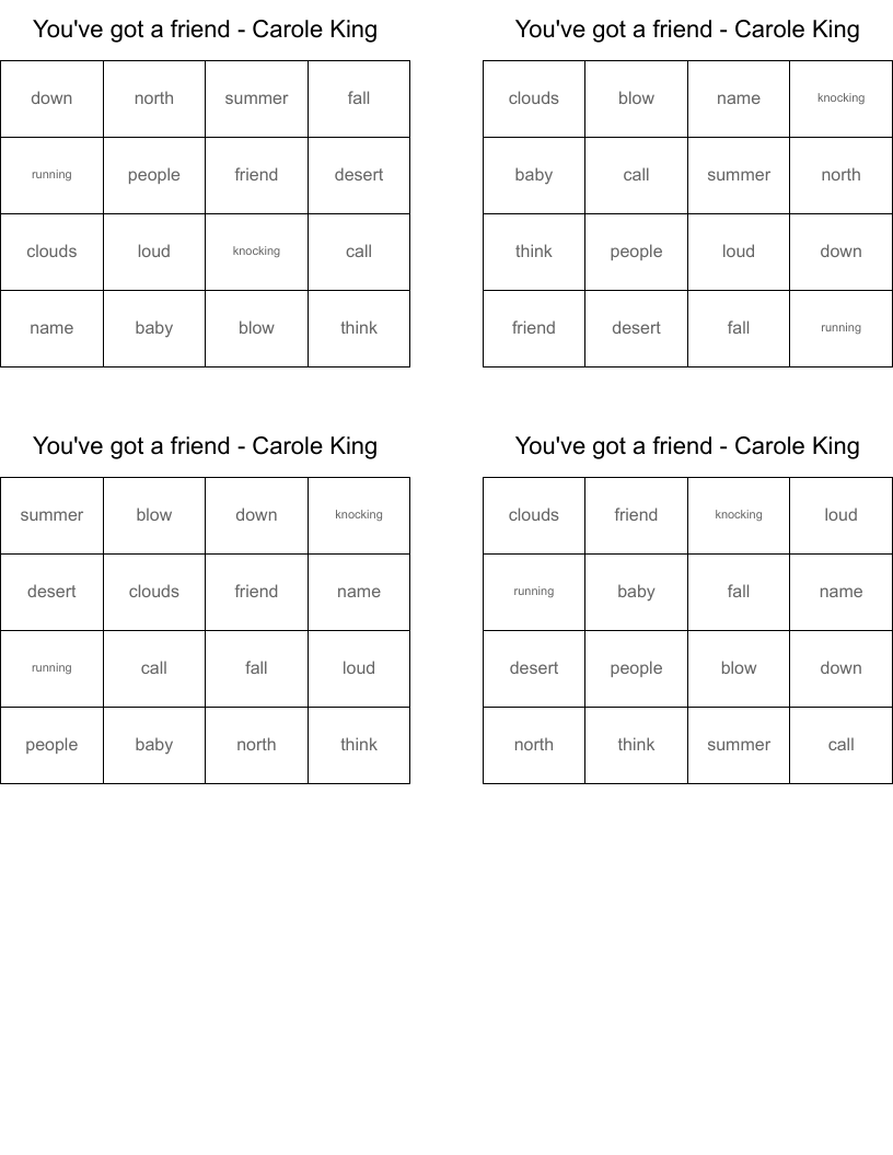 You've got a friend - Carole King Bingo Cards