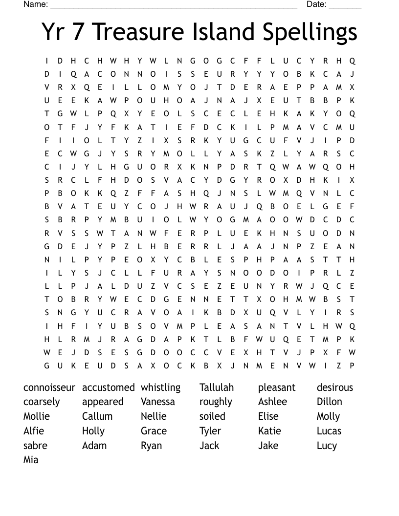 Yr 7 Treasure Island Spellings Word Search