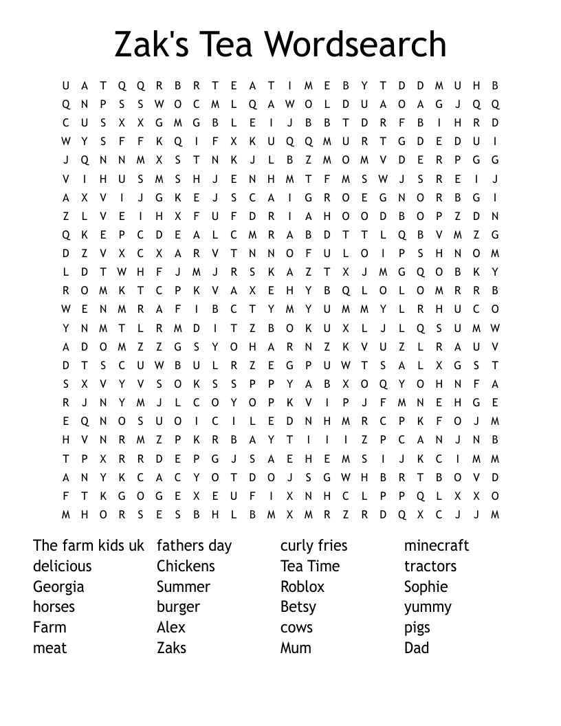 Zak's Tea Wordsearch