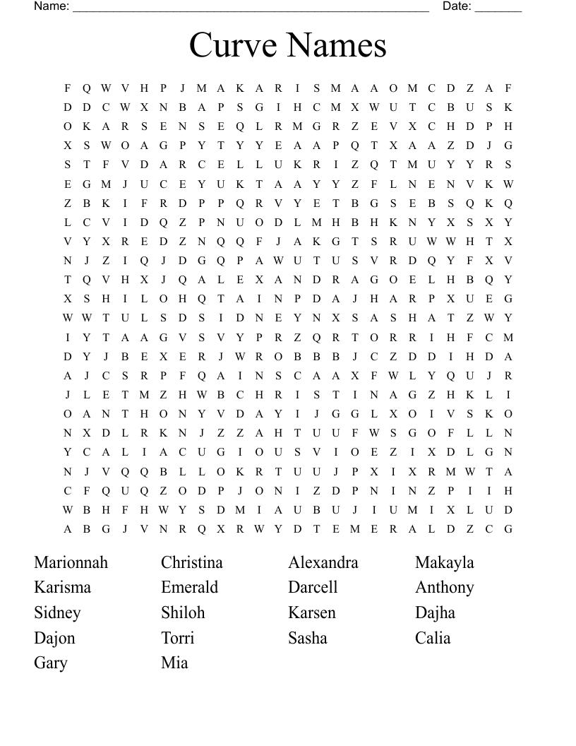 Curve Names Word Search WordMint