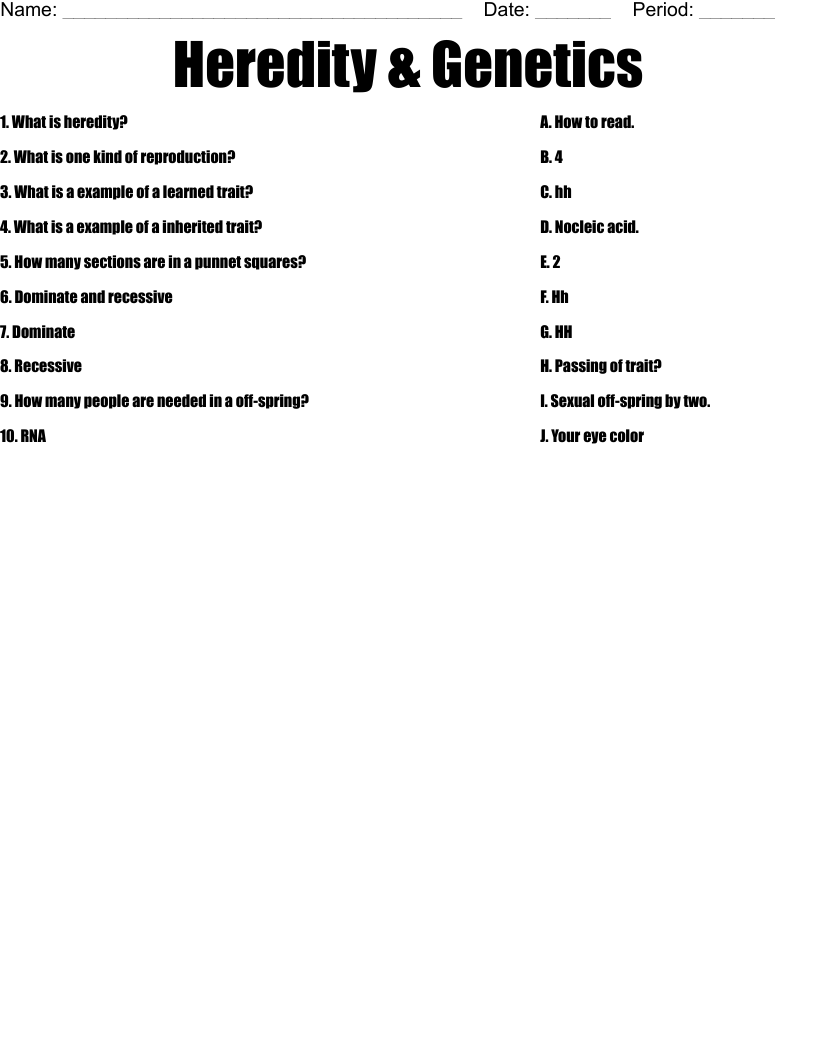 Heredity Genetics Worksheet WordMint