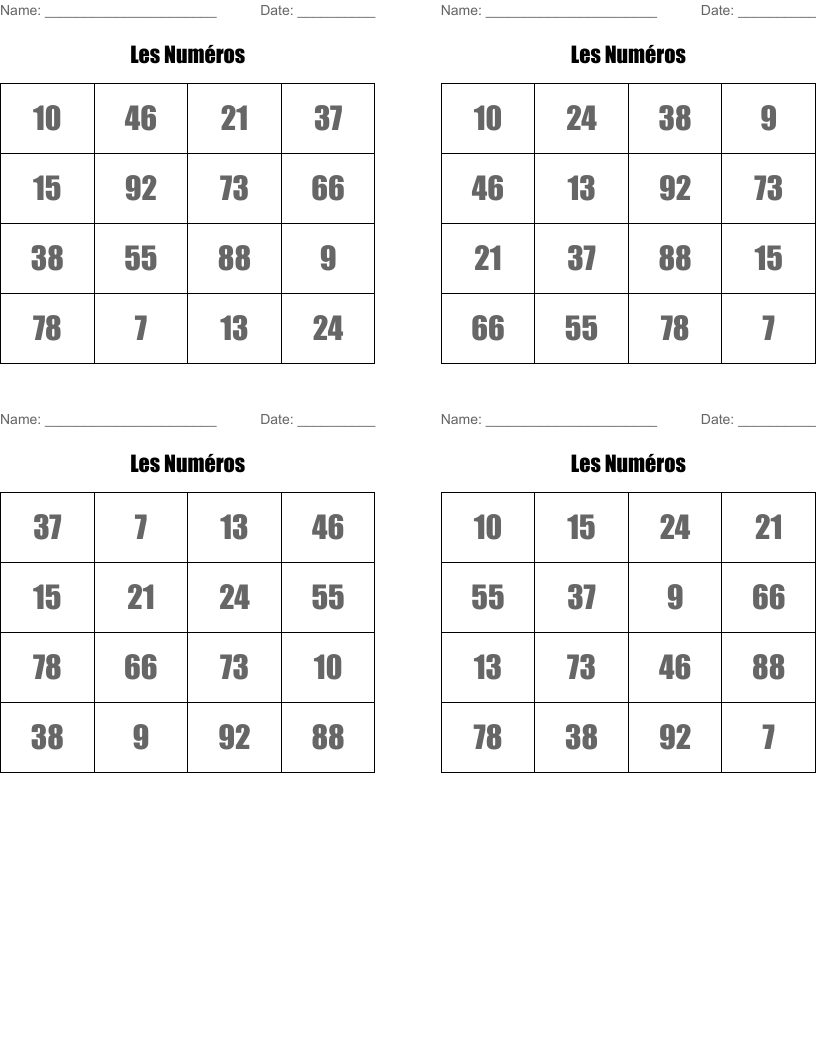  Les Numéros Bingo Cards