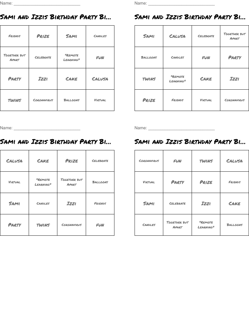 Sami and Izzis Birthday Party Bingo Cards