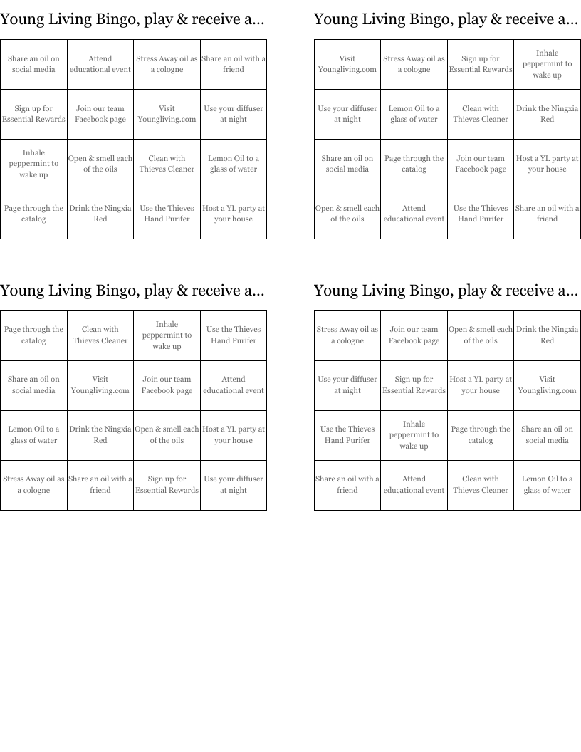  Young Living Bingo, play & receive a gift!