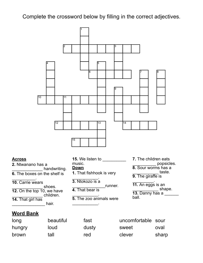   Complete the crossword below by filling in the correct adjectives.