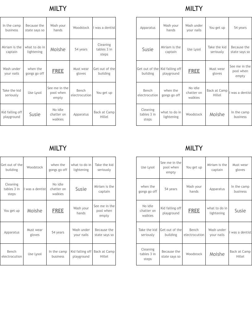   MILTY Bingo Cards