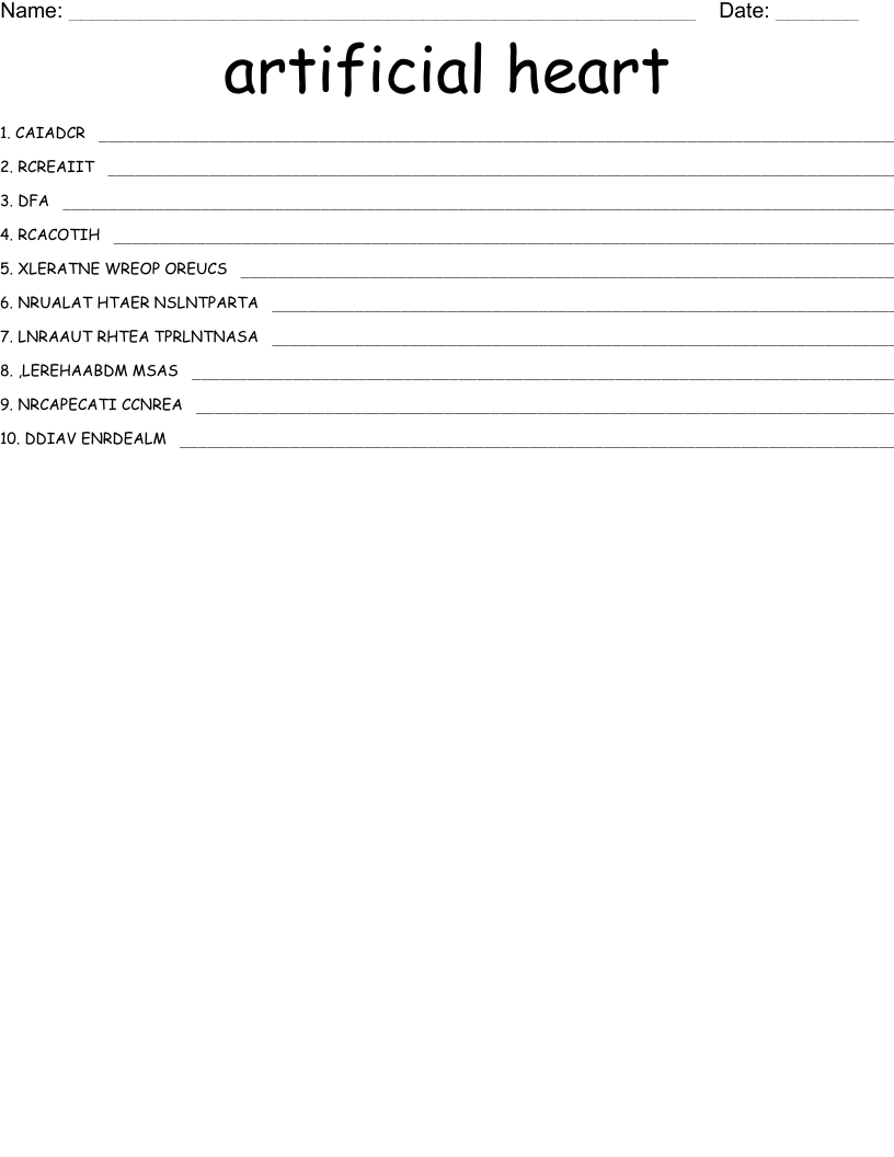  artificial heart  Word Scramble