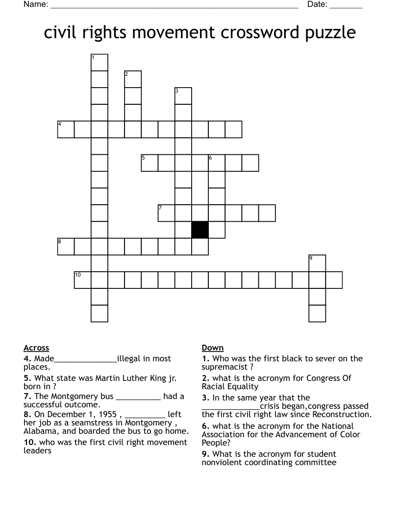 Civil Rights Movement Crossword Puzzle WordMint