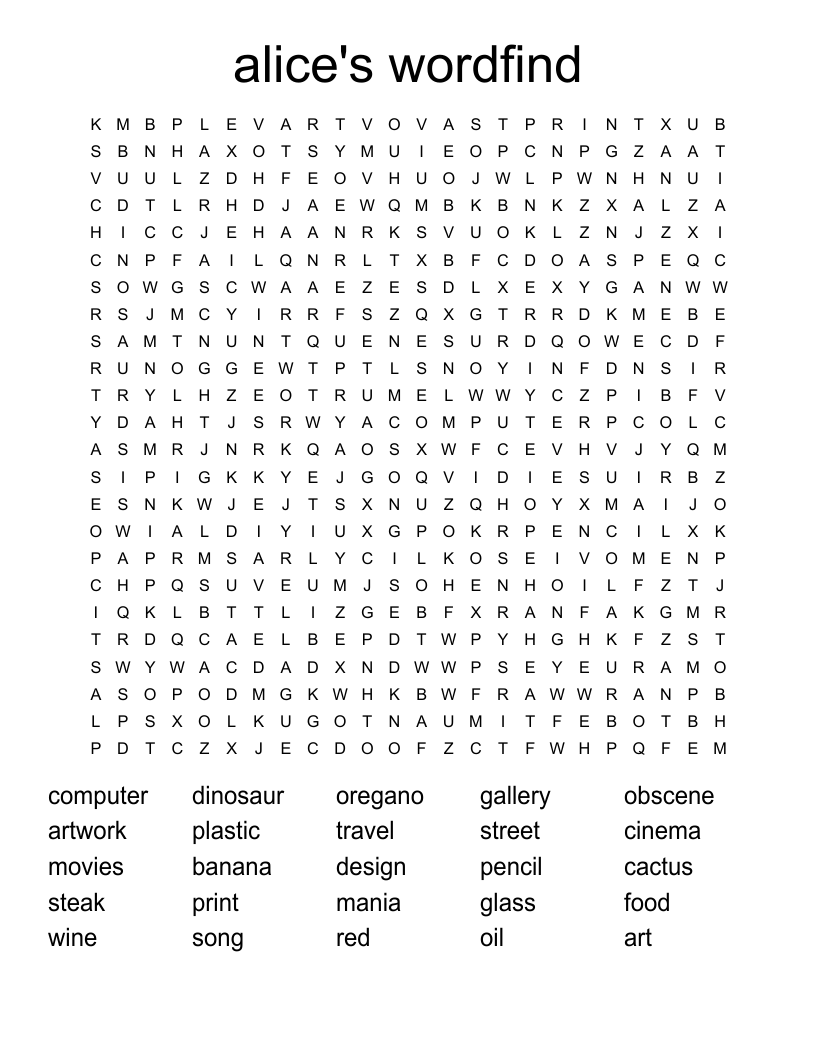 alice's wordfind Word Search