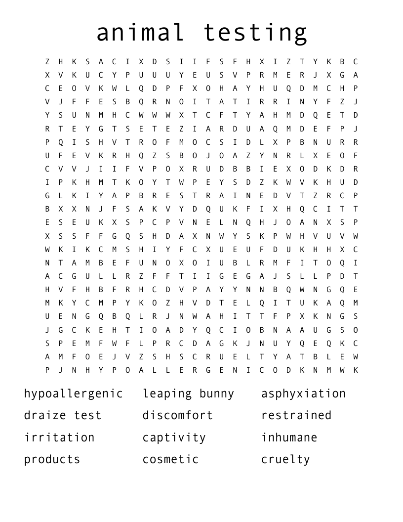 Animal Testing Word Search WordMint