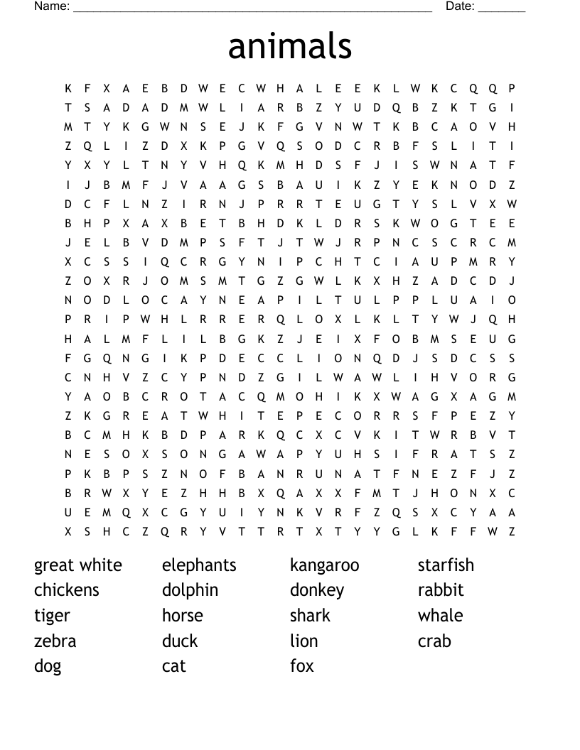 animals Word Search - WordMint